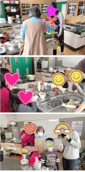 (上)調理場でエプロンを着た女性2人が子供の料理を手伝っている写真(中央)大人子ども4人が調理した料理を囲んで食事をする写真(下)大人3人と袋をもった子供の写真が縦に並んでいる写真