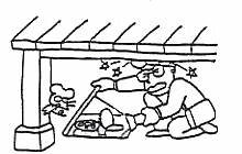 家の増改築で床の下に水道管があり、床の下にもぐって頭を打っている人のイラスト