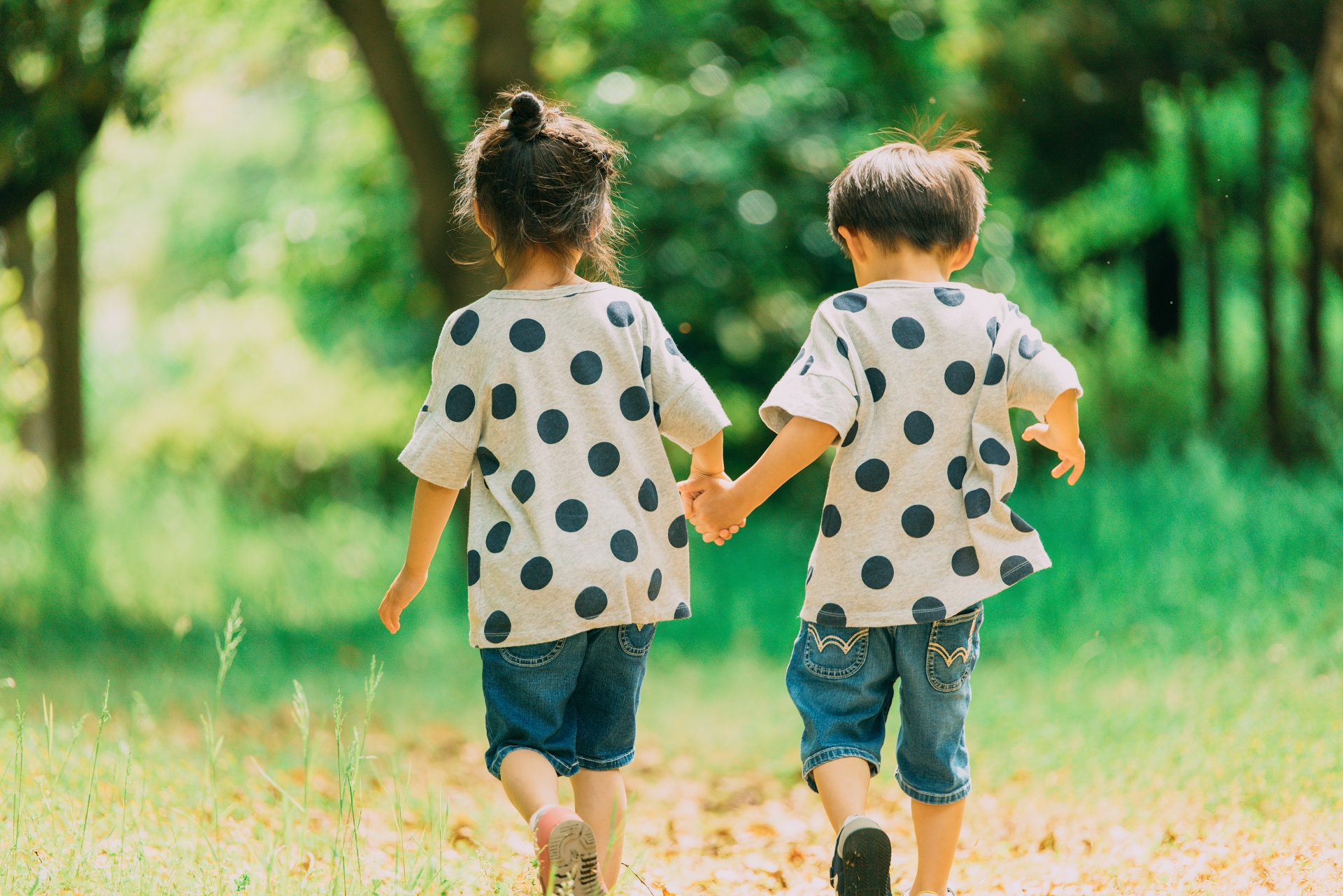森の中で手をつなぐ男の子と女の子の画像