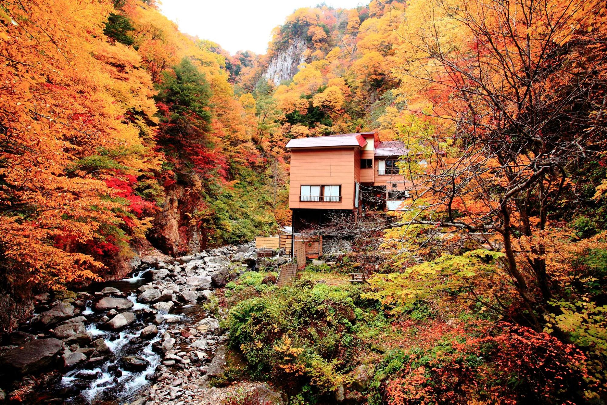 大平温泉滝見屋の外観（紅葉）