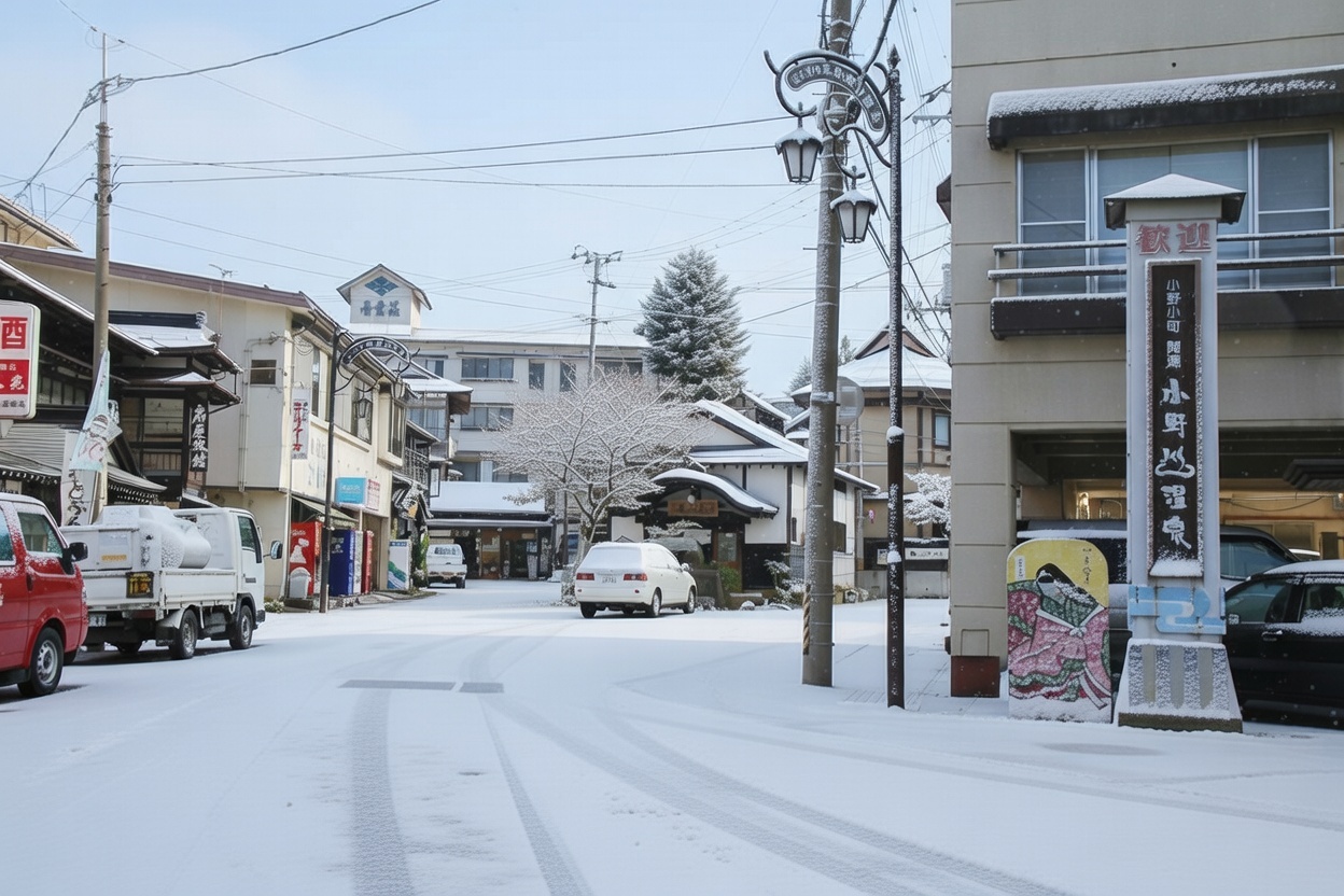 小野川温泉街の雪景色