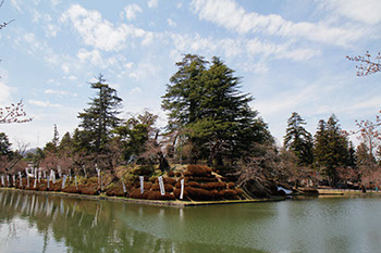中央にある木々と点々と設置されている白色ののぼりと青空が反射している濠の風景写真