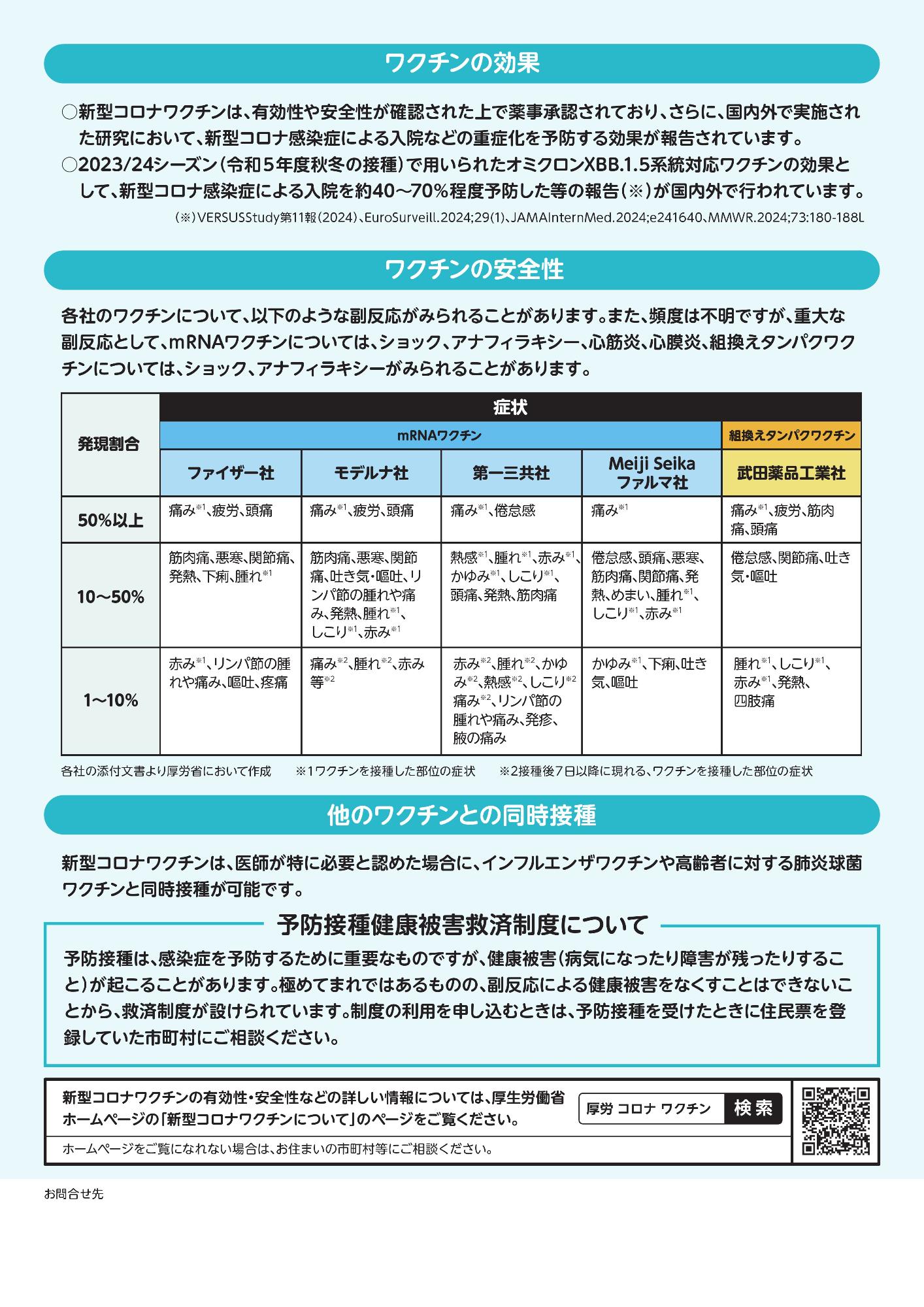 【参考】厚生労働省新型コロナワクチン定期接種リーフレット（令和6年10月版）裏