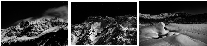 左から1枚目：雪の積もった山肌から雪が風に吹かれて舞っている様子の白黒写真、左から2枚目：雪化粧をした山肌が月明かりに照らされている白黒写真、左から3枚目：一面に雪が積もった大地にくっきりとした足跡がついている白黒写真