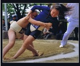 まわし姿の2名の子どもが土俵際で倒れそうになっている瞬間を撮った写真