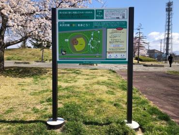 青空の下、左側には桜が咲いておりその前にウォーキングコースの看板が立っている公園の写真