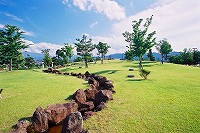 緑の芝生が広がり、中央には石で囲まれた小川がある米沢総合公園の写真