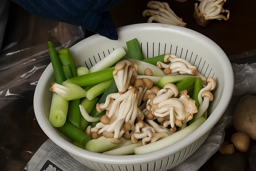 ボウルに入ったネギときのこの写真
