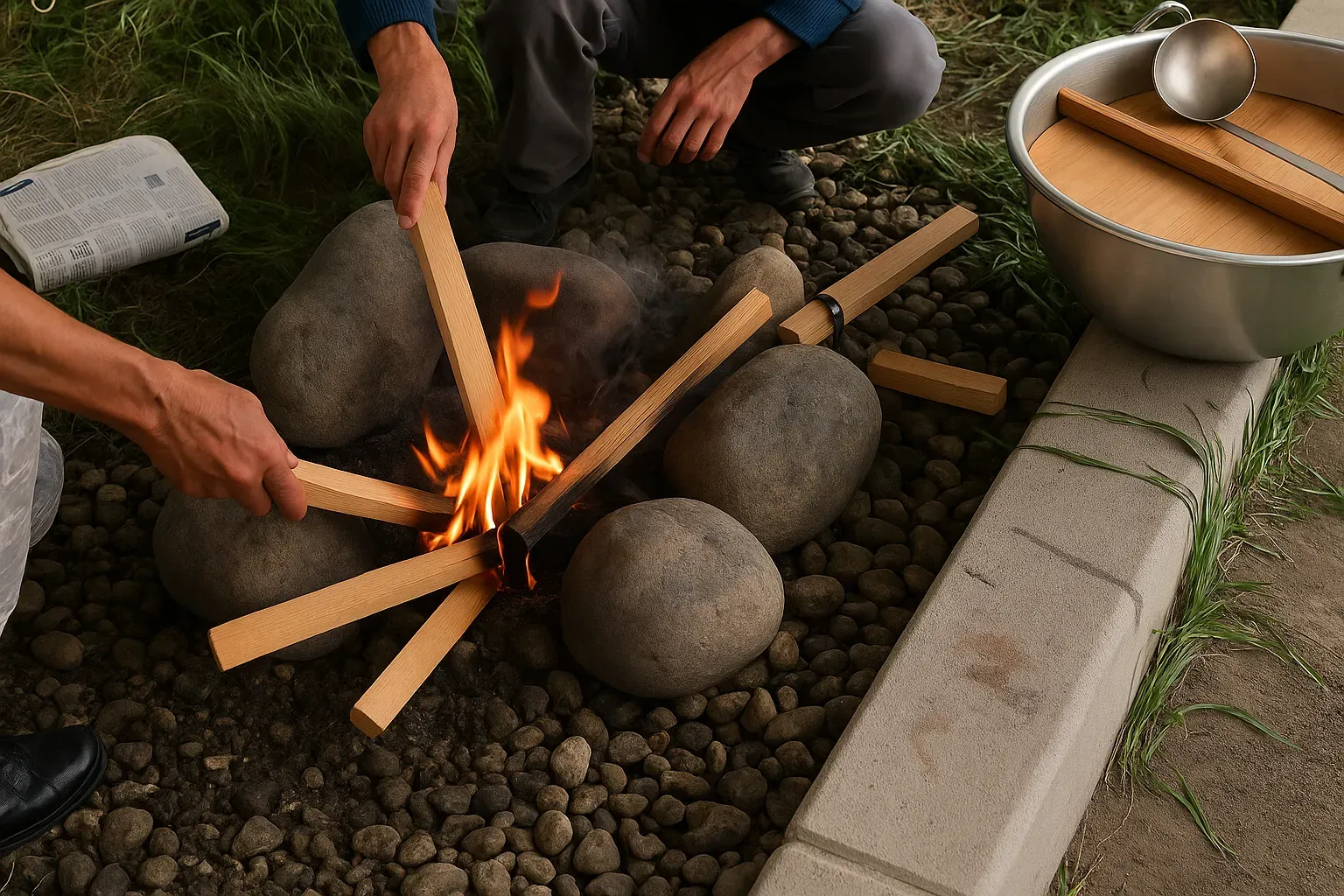 火起こしする様子の写真