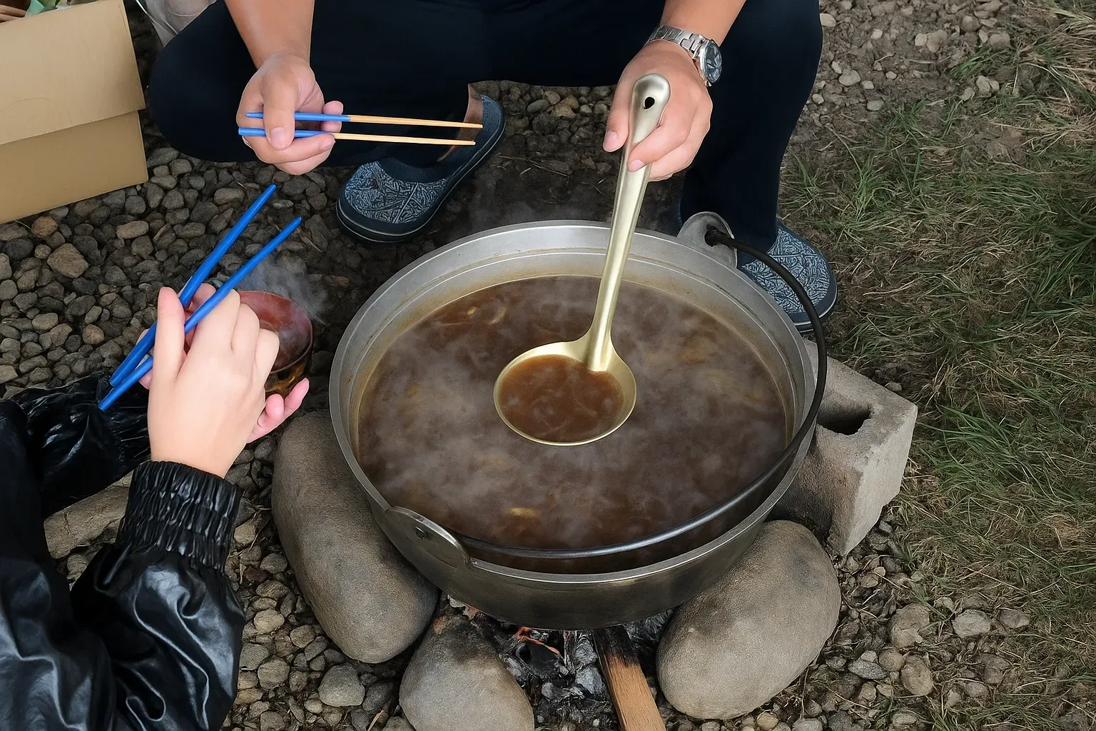 芋煮の締めにカレーうどんをつくった鍋の写真