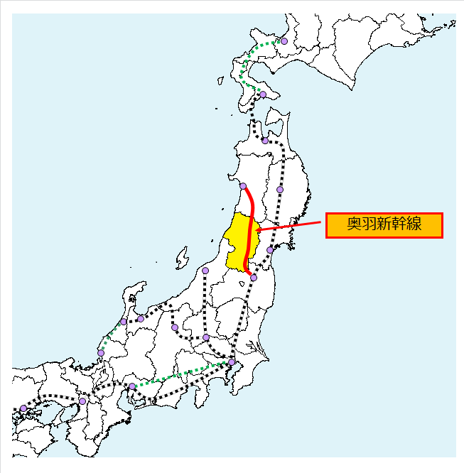 日本地図上に新幹線のルートが複数記載されており、奥羽新幹線のルートが赤く表示されている地図
